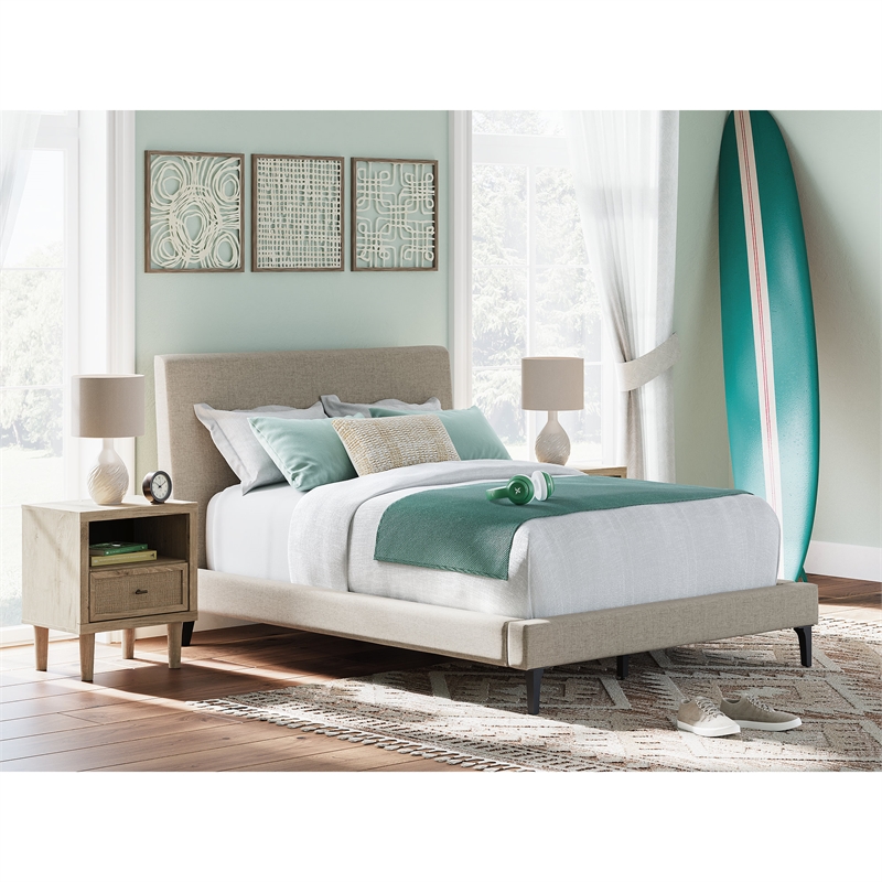 Bowery Hill Beige Engineered Wood Full Upholstered Bed with Roll Slats