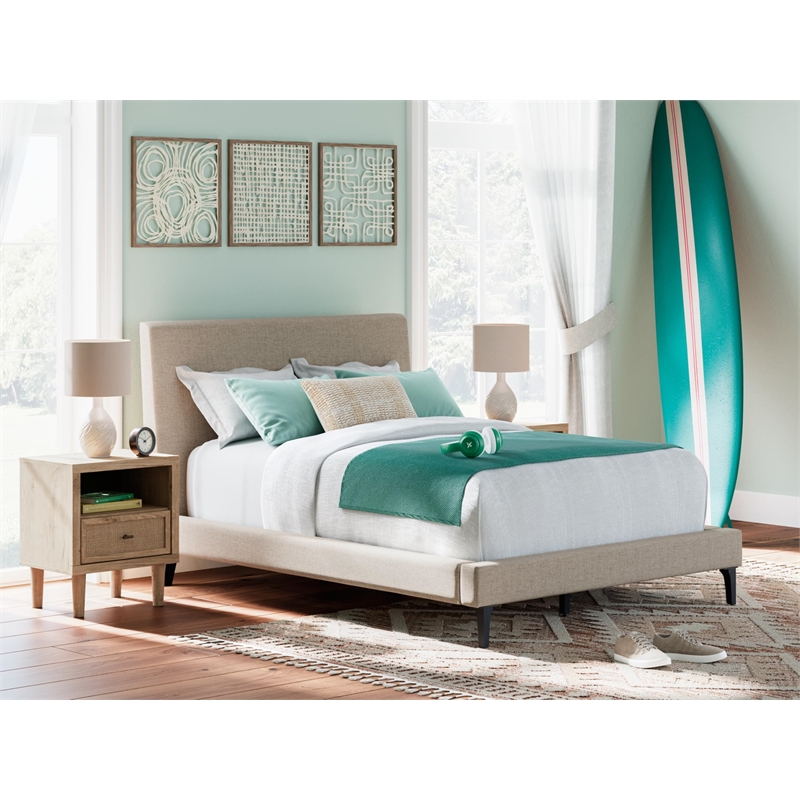 Bowery Hill Beige Engineered Wood Full Upholstered Bed with Roll Slats
