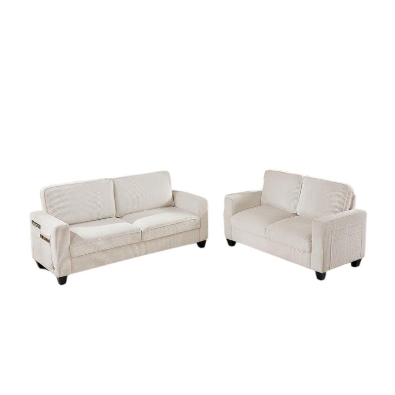 Bowery Hill Set of 2 Corduroy Beige Sofa and Loveseat with USB and Side Pockets