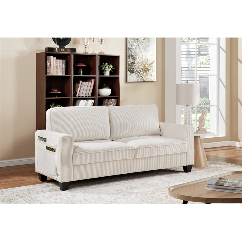 Bowery Hill Set of 2 Corduroy Beige Sofa and Loveseat with USB and Side Pockets