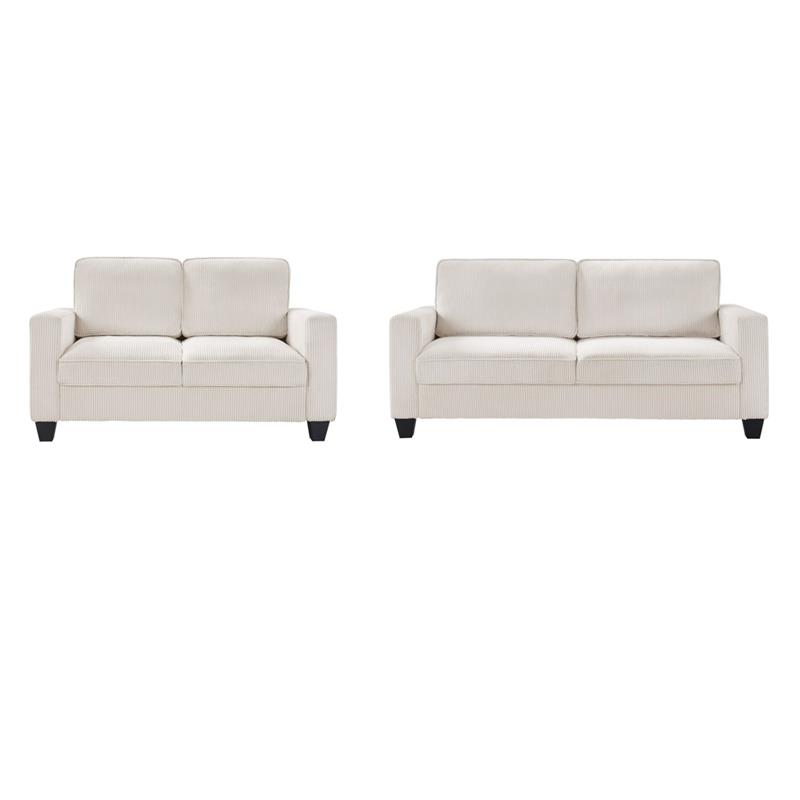 Bowery Hill Set of 2 Corduroy Beige Sofa and Loveseat with USB and Side Pockets