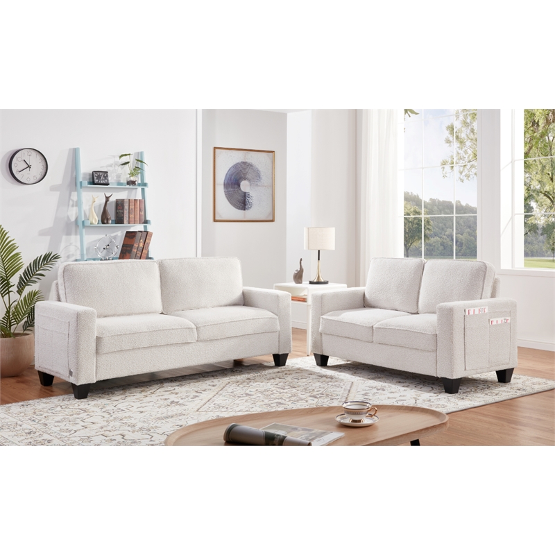 Bowery Hill Set of 2 Boucle Sofa and Loveseat with USB and Side Pockets in Beige