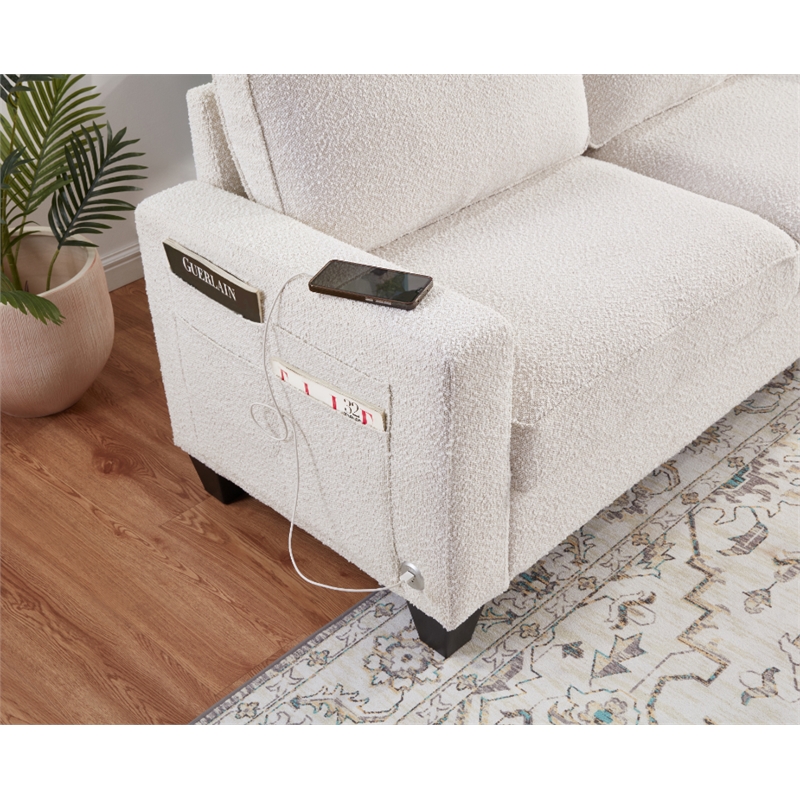 Bowery Hill Set of 2 Boucle Sofa and Loveseat with USB and Side Pockets in Beige