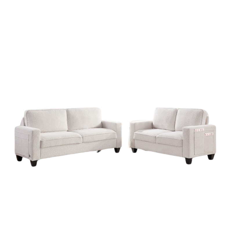 Bowery Hill Set of 2 Boucle Sofa and Loveseat with USB and Side Pockets in Beige
