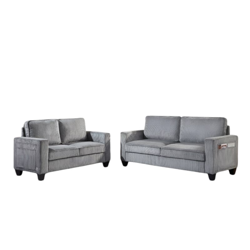 Bowery Hill Set of 2 Corduroy Gray Sofa and Loveseat with USB and Side Pockets