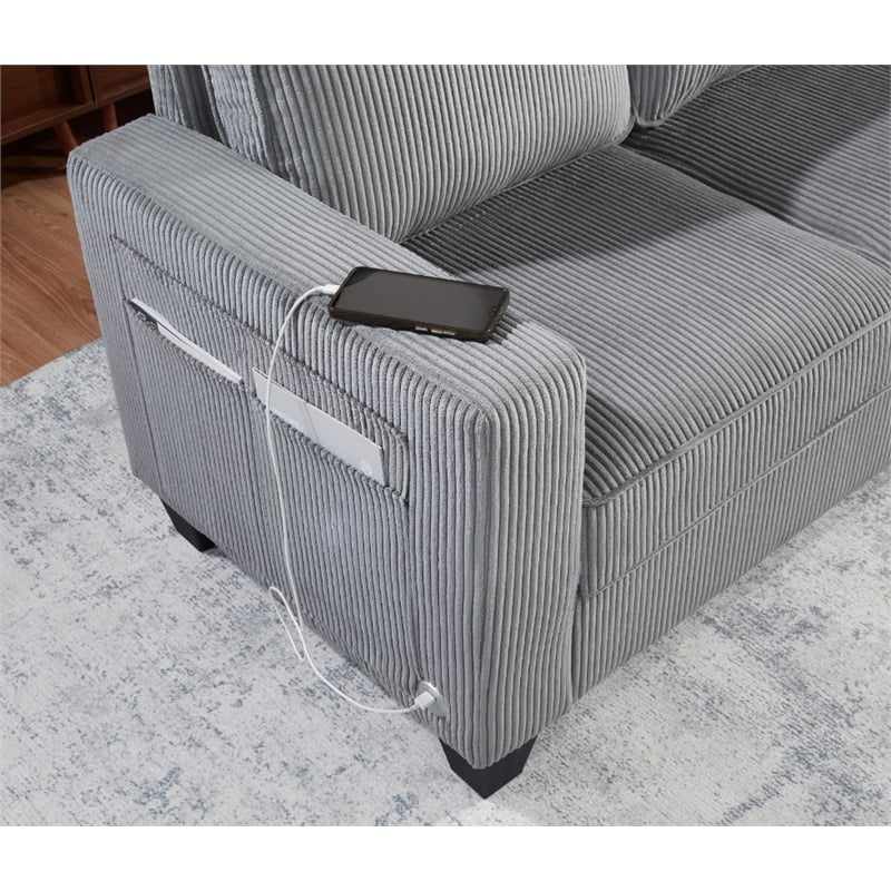 Bowery Hill Set of 2 Corduroy Gray Sofa and Loveseat with USB and Side Pockets