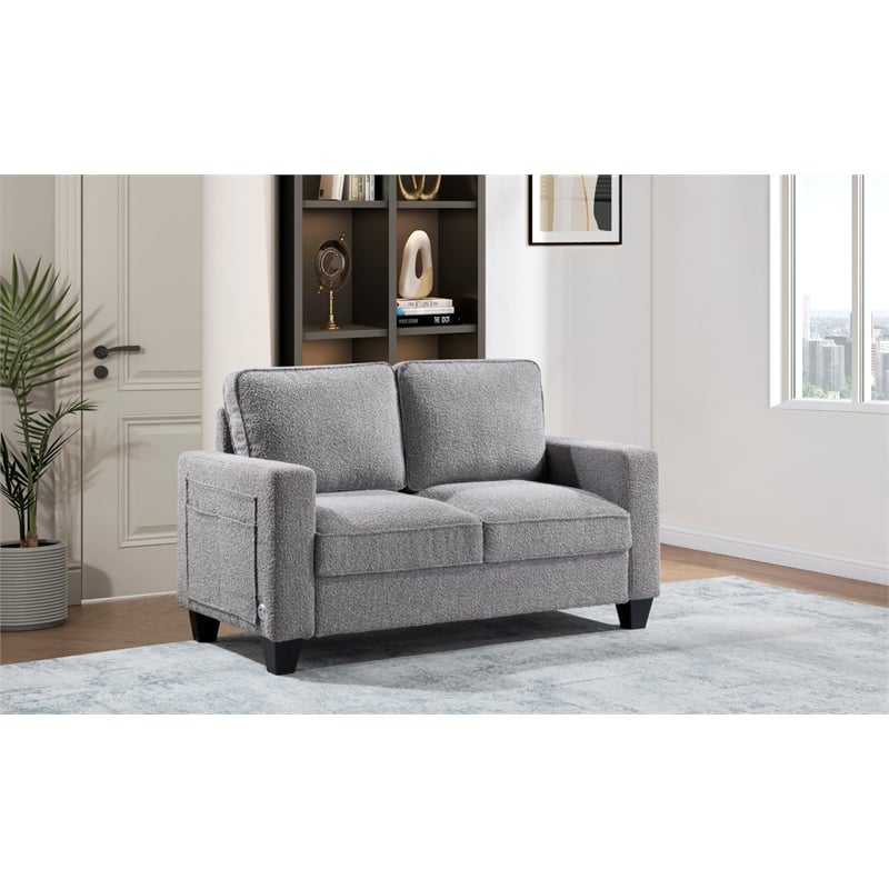 Bowery Hill Set of 2 Boucle Sofa and Loveseat with USB and Side Pockets in Gray