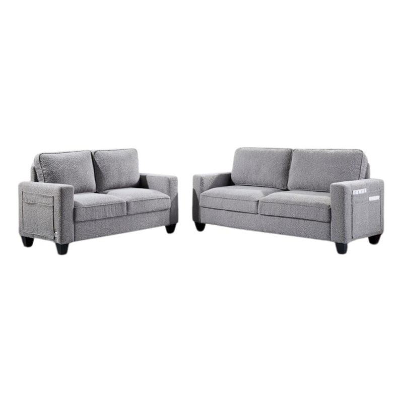 Bowery Hill Set of 2 Boucle Sofa and Loveseat with USB and Side Pockets in Gray