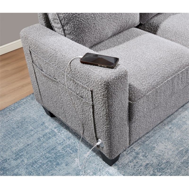 Bowery Hill Set of 2 Boucle Sofa and Loveseat with USB and Side Pockets in Gray