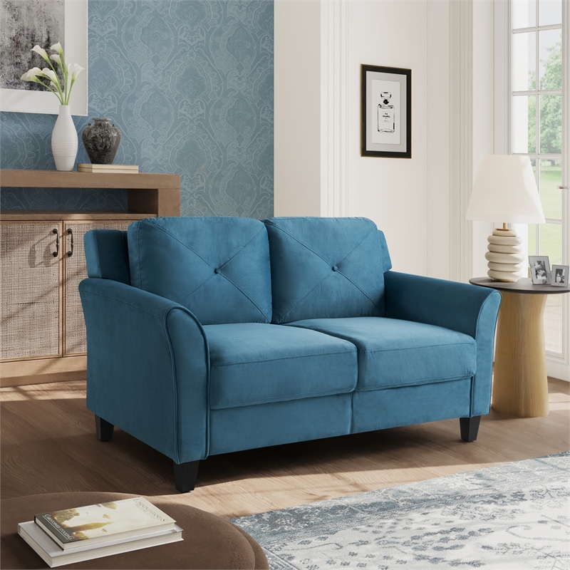 Bowery Hill Set of 2 Stationary Sofa and Loveseat in Blue Fabric Upholstery