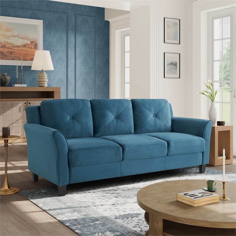 Bowery Hill Set of 2 Stationary Sofa and Loveseat in Blue Fabric Upholstery