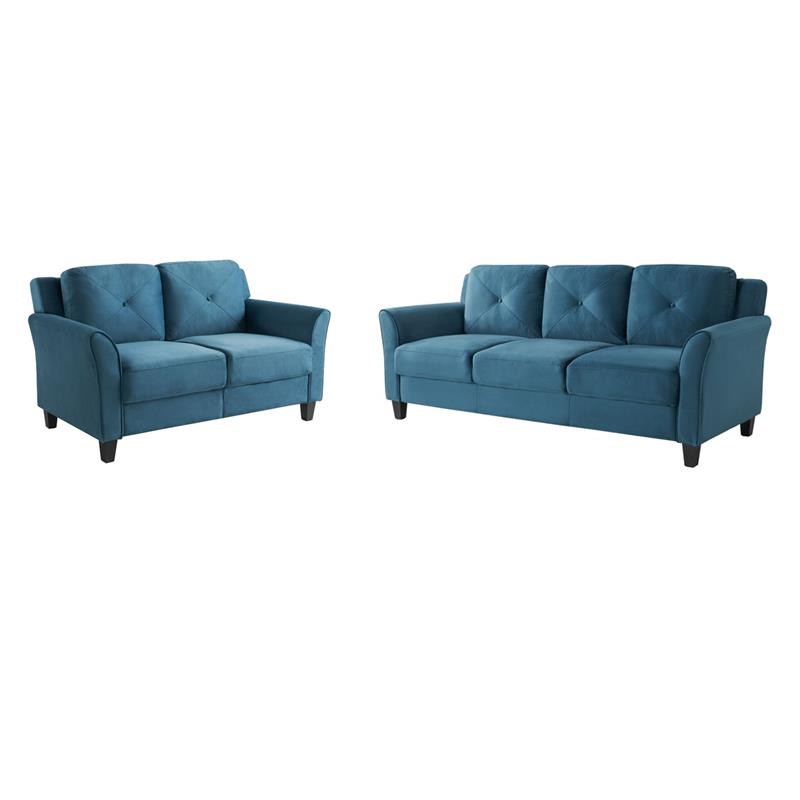 Bowery Hill Set of 2 Stationary Sofa and Loveseat in Blue Fabric Upholstery