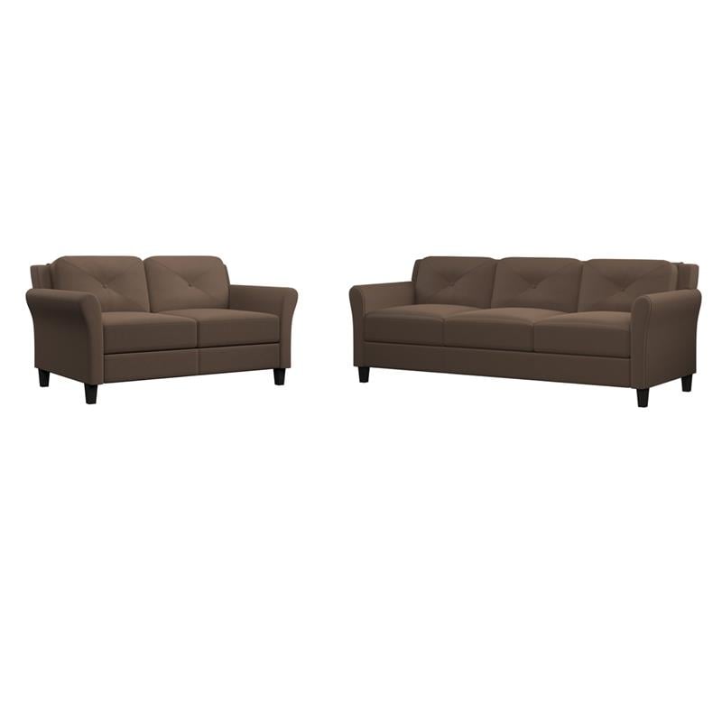 Bowery Hill Set of 2 Brown Microfiber Upholstered Stationary Sofa & Loveseat