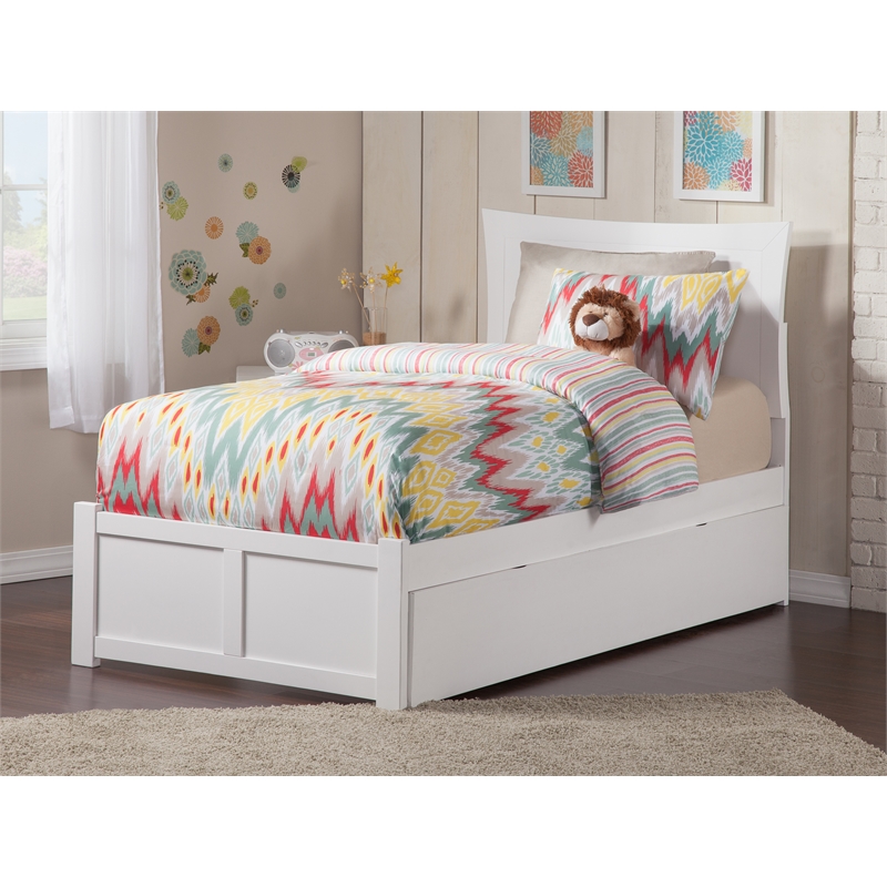 Bowery Hill Twin Solid Wood Bed with Twin Trundle and USB Charger in White