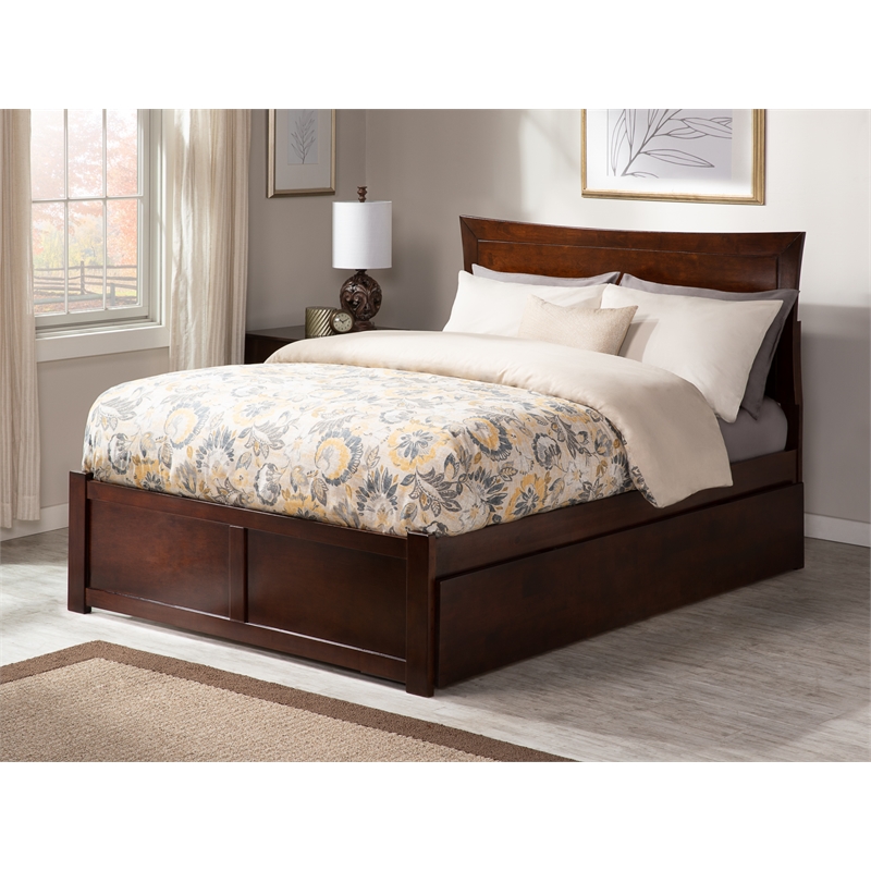 Bowery Hill Full Solid Wood Bed with Twin Trundle and USB Charger in Walnut