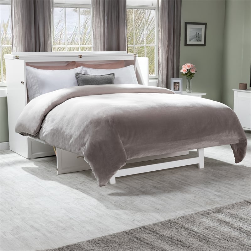 Bowery Hill Queen Solid Wood Modern Murphy Bed Chest with Mattress in White