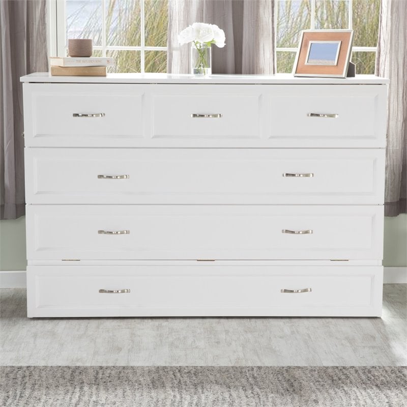 Bowery Hill Queen Solid Wood Modern Murphy Bed Chest with Mattress in White