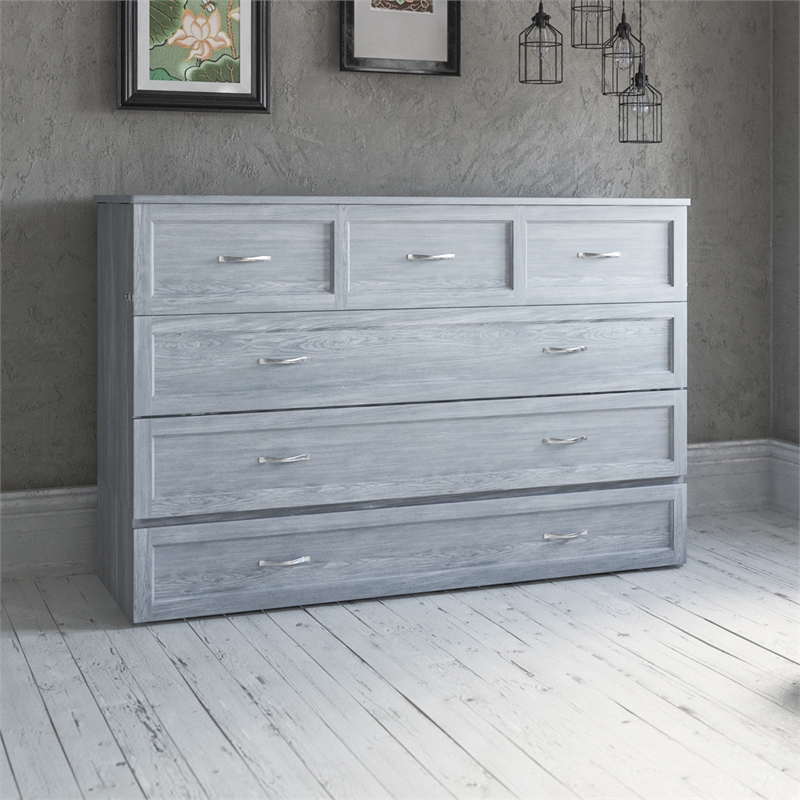 Bowery Hill Queen Solid Wood Modern Murphy Bed Chest with Mattress in Driftwood
