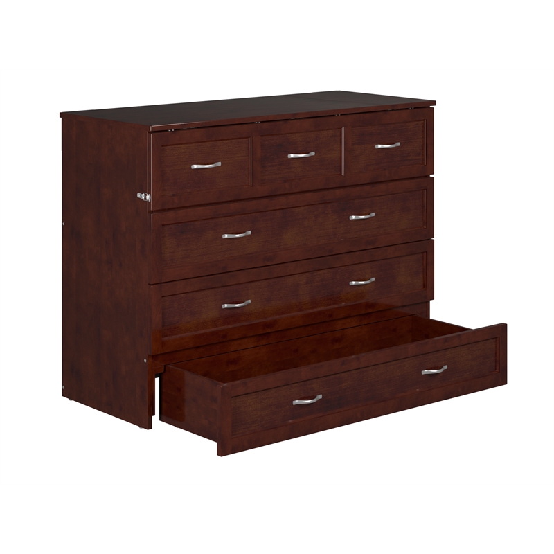 Bowery Hill Full Solid Wood Modern Murphy Bed Chest with Mattress in Walnut