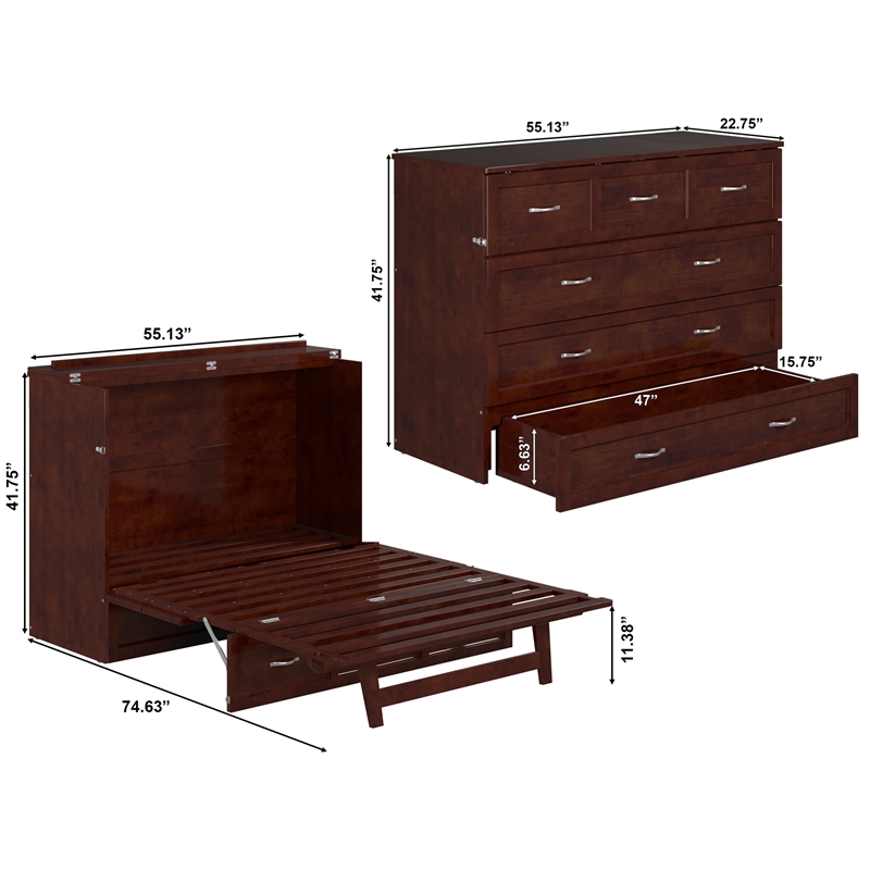 Bowery Hill Full Solid Wood Modern Murphy Bed Chest with Mattress in Walnut