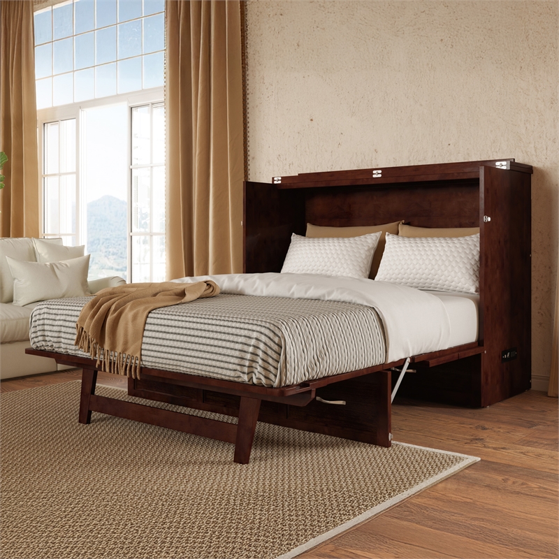 Bowery Hill Full Solid Wood Modern Murphy Bed Chest with Mattress in Walnut
