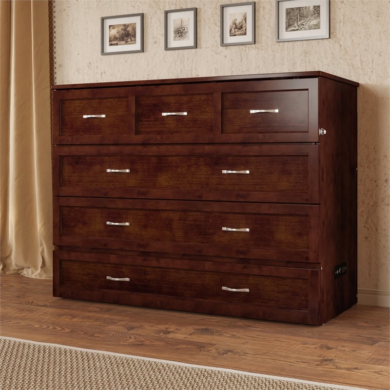 Bowery Hill Full Solid Wood Modern Murphy Bed Chest with Mattress in Walnut