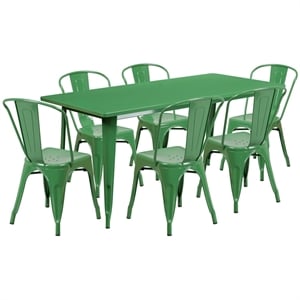 Bowery Hill Modern 7 Piece 31.5&quot x 63&quot Metal Dining Set in Green