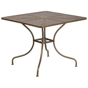 Bowery Hill 35.5&quot Square Steel Flower Print Patio Dining Table in Gold