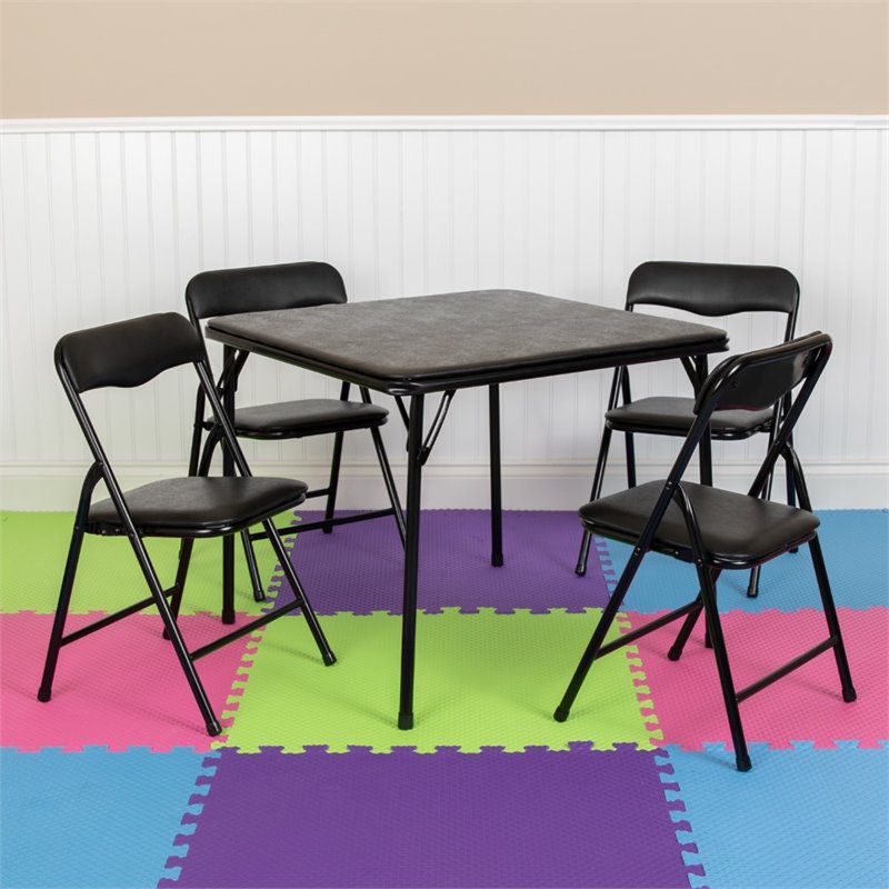 Bowery Hill 5 Piece Square Faux Leather Top Kids Folding Table Set in Black