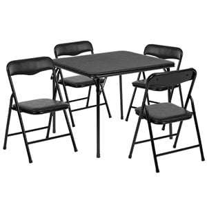 Bowery Hill 5 Piece Square Faux Leather Top Kids Folding Table Set in Black