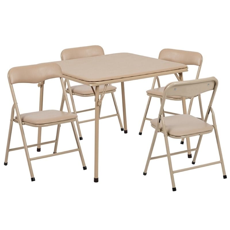 Bowery Hill 5 Piece Square Faux Leather Top Kids Folding Table Set in Tan