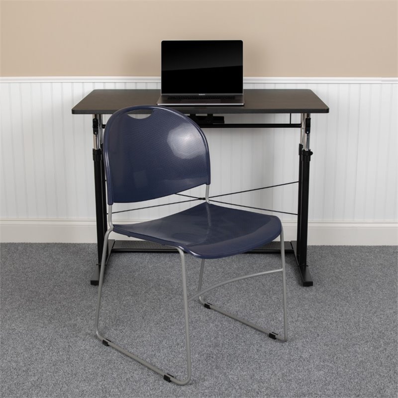 Bowery Hill Plastic Carry Handle Stacking Chair in Navy and Silver
