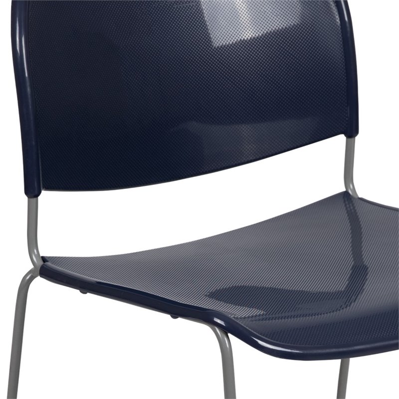 Bowery Hill Plastic Carry Handle Stacking Chair in Navy and Silver
