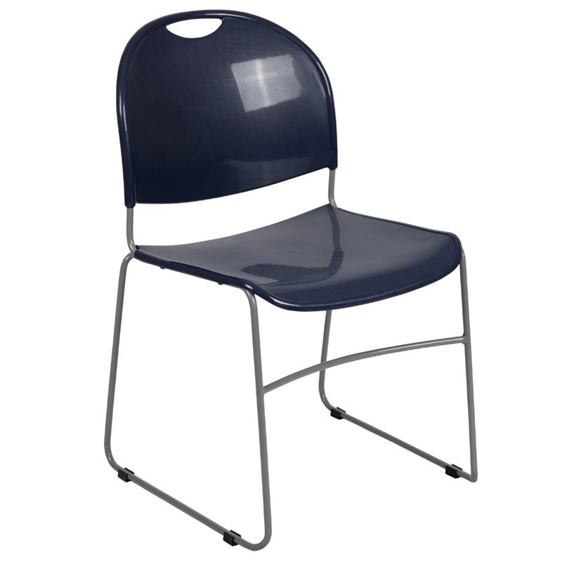 Bowery Hill Plastic Carry Handle Stacking Chair in Navy and Silver