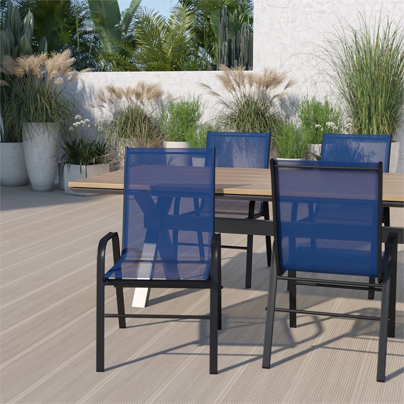 Bowery Hill Fabric & Steel Outdoor Stack Chair in Navy (Set of 4)