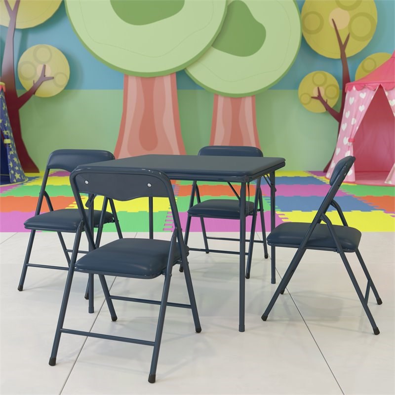 Bowery Hill 5PC Metal Kids Folding Activity Table and Chairs Set in Navy