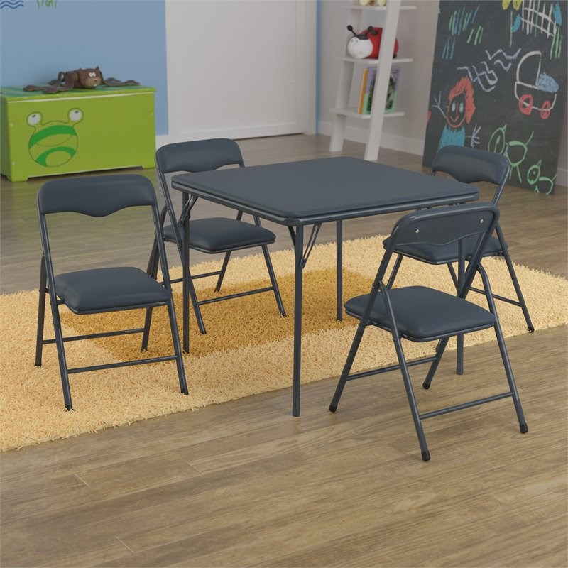 Bowery Hill 5PC Metal Kids Folding Activity Table and Chairs Set in Navy