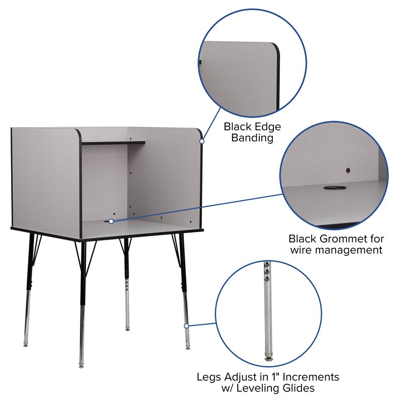 Bowery Hill Metal Stand-Alone Study Carrel w/ Height Adjustable Legs in Gray