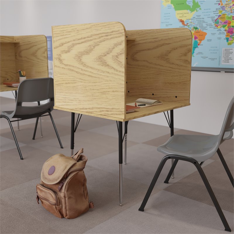 Bowery Hill Metal Stand-Alone Study Carrel w/ Height Adjustable Legs in Oak