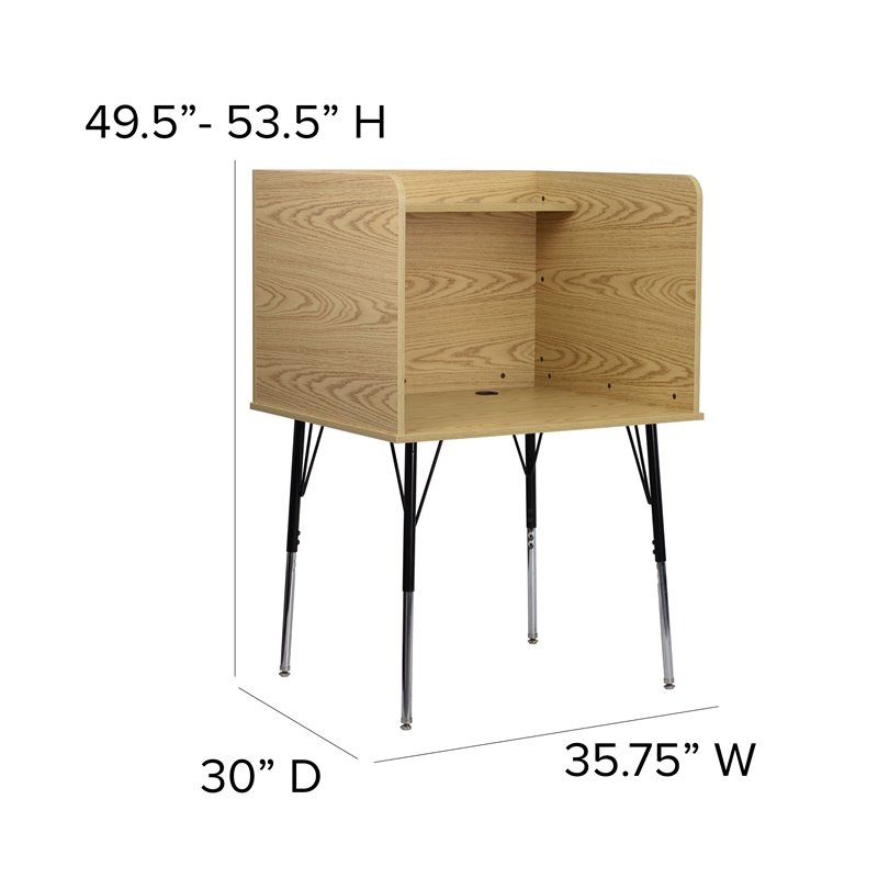 Bowery Hill Metal Stand-Alone Study Carrel w/ Height Adjustable Legs in Oak