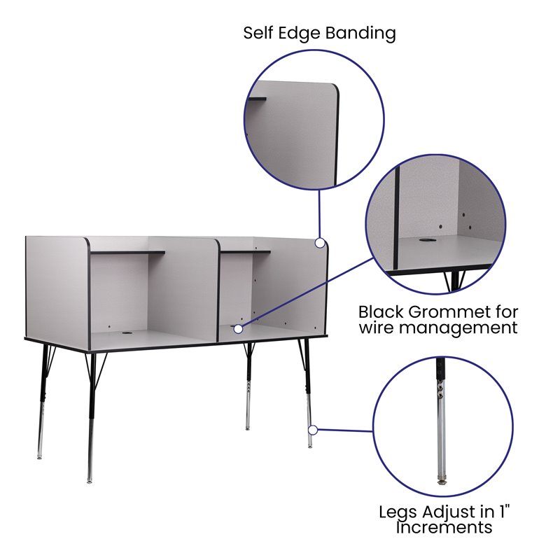 Bowery Hill Metal Stand-Alone Double Study Carrel w/ Adjustable Legs in Gray