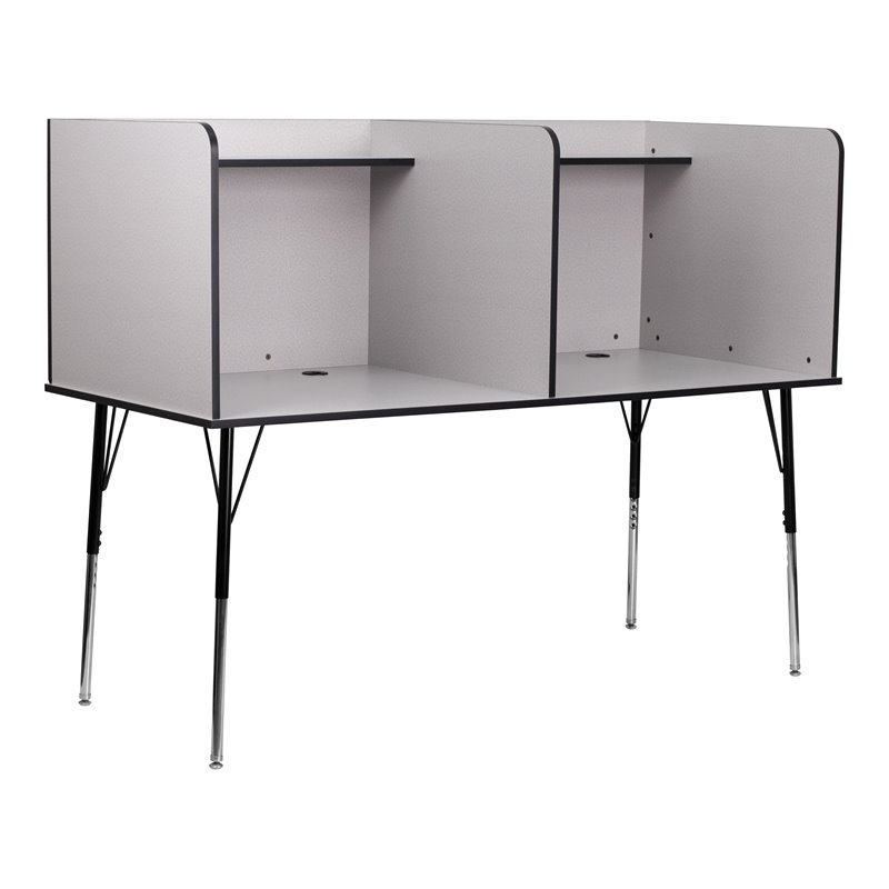 Bowery Hill Metal Stand-Alone Double Study Carrel w/ Adjustable Legs in Gray
