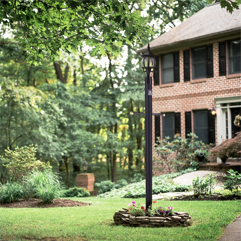 Bowery Hill Stainless Steel Black Lamp Post with Cross Arm and Photo Eye
