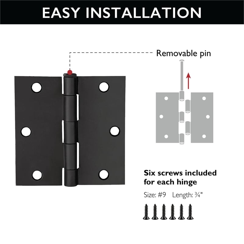 Bowery Hill Square Corner Door Hinge in Matte Black 3.5 Inch 10 Pack