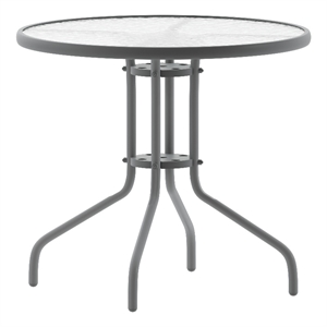 Bowery Hill 31.5&quot Round Metal Table with Glass Top in Silver