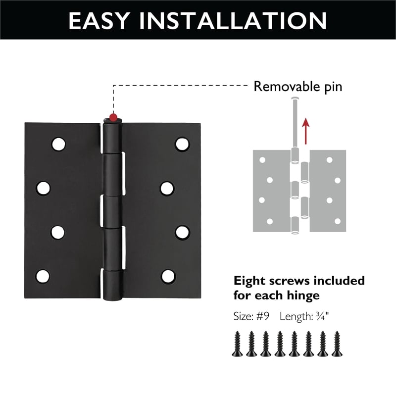 Bowery Hill Steel Door Hinge in Matte Black 4-Inch Square Corner 10 Pack