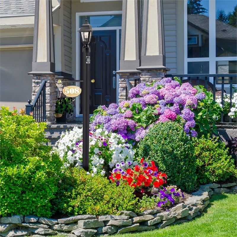 Bowery Hill Modern Steel Black Lamp Post with Cross Arm and Outlet