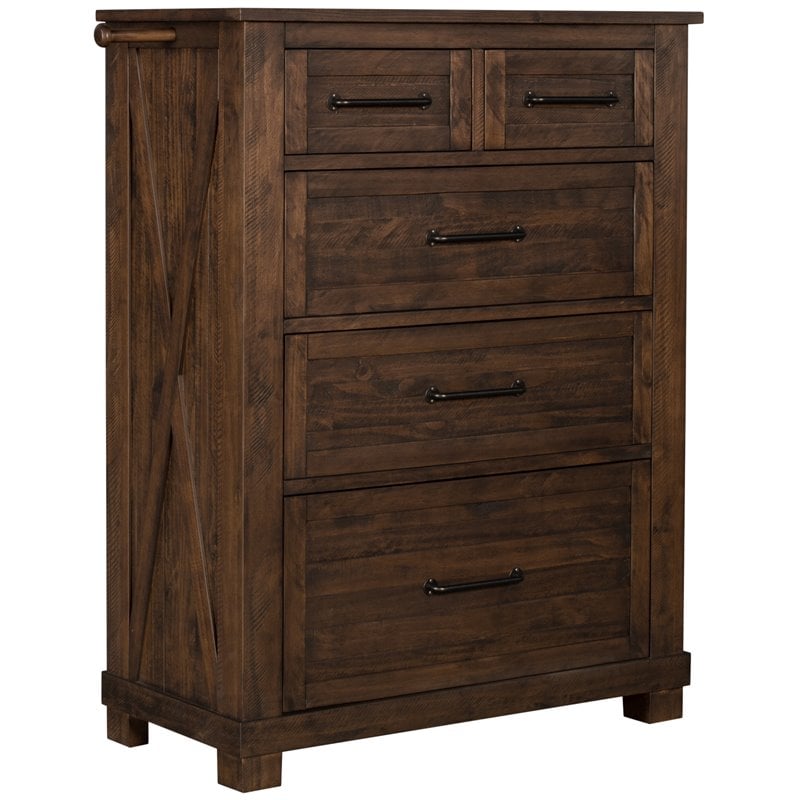 Bowery Hill Contemporary 5 Drawer Rustic Solid Wood Tall Chest in Timber