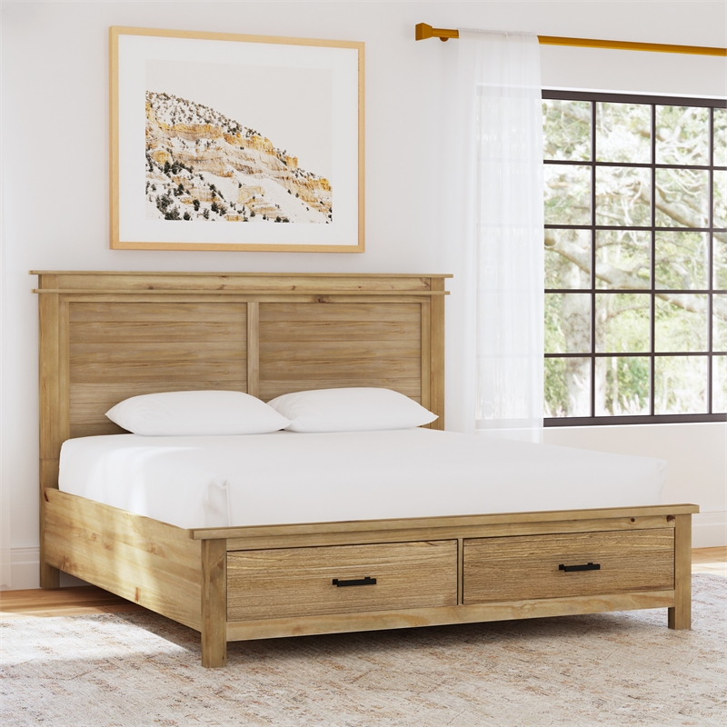 Bowery Hill Transitional New Zealand Pine Wood Queen Storage Bed in Natural