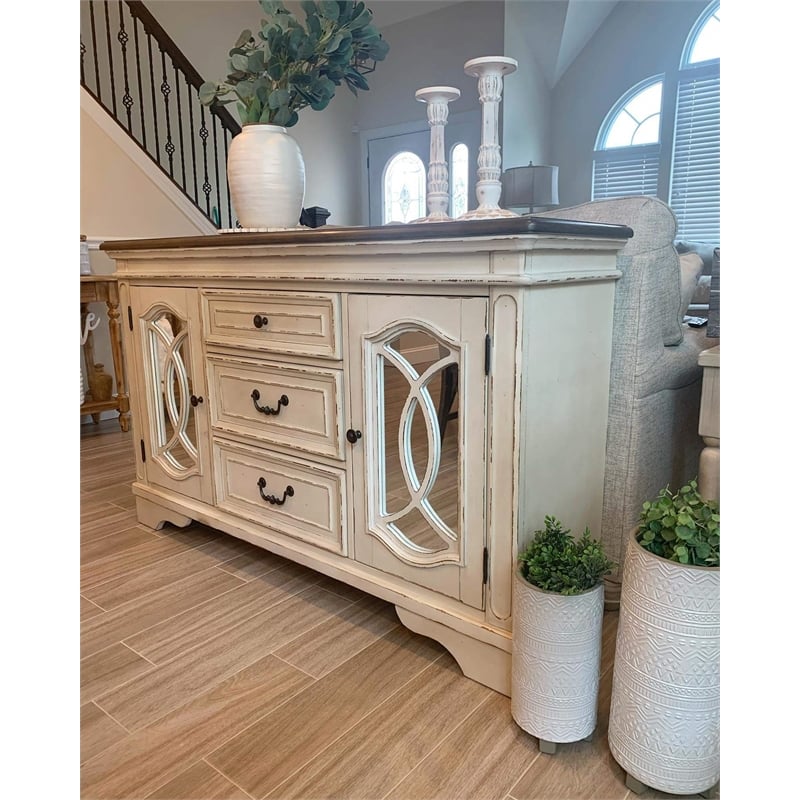 Bowery Hill Contemporary Server in Chipped White and Brown Finish